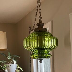 Green glass globe swag lamp 

Mcm Hollywood regency